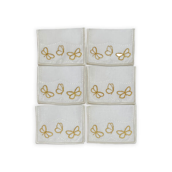 Kit com 6 Guardanapos de aperitivos linho Borboletas douradas